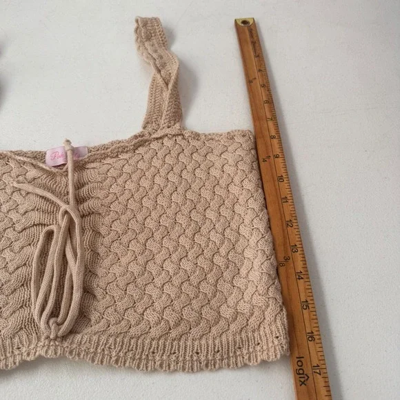 Womens Beige Tan Crochet Knit Crop top chunky preppy boho western sweetheart - Picture 5 of 6
